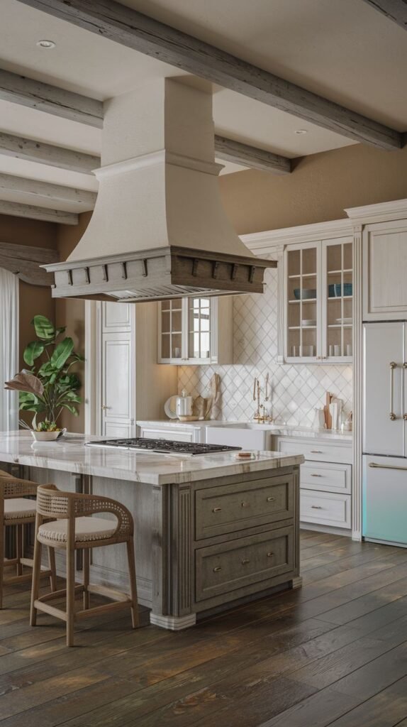 An elegant farmhouse interior with dark wood floors and rustic ceiling beams. The perimeter cabinets are white, while the large central island is painted a sophisticated gray-green color with vertical paneling and a marble top. A substantial, molded range hood is positioned over the island cooktop.