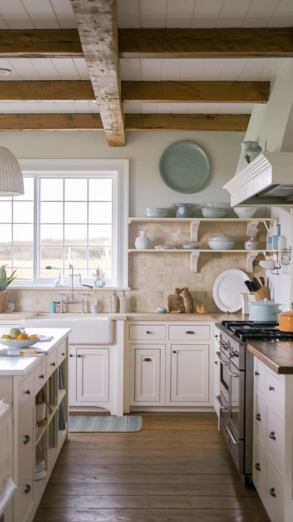 A bright and cozy farmhouse kitchen featuring dark wood floors and exposed ceiling beams. White cabinetry surrounds a deep farmhouse sink beneath a large window. The backsplash is made of square, neutral stone or tan ceramic tiles, above which simple white floating shelves display dishware.