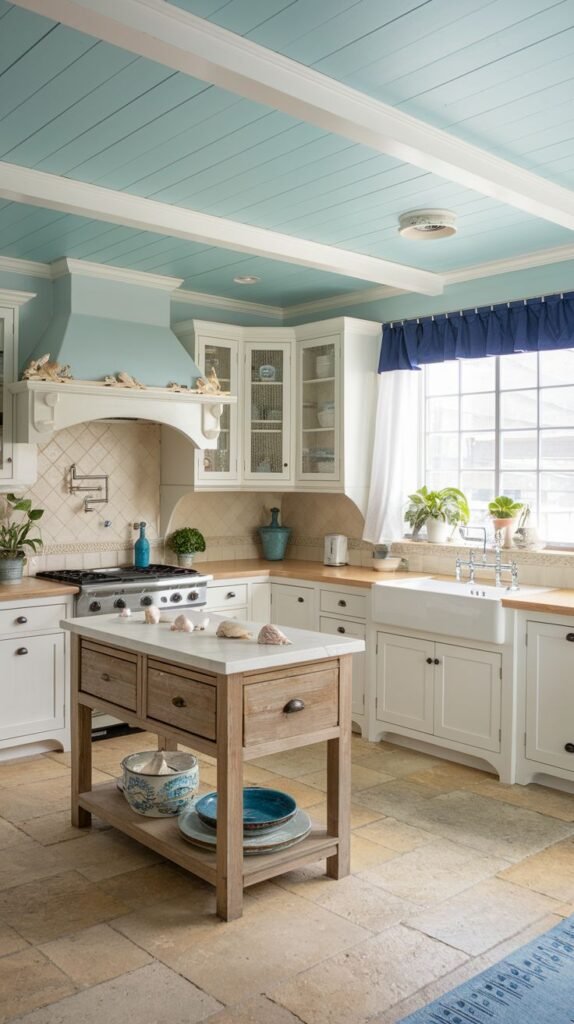 A coastal kitchen featuring a distinctive ceiling painted light aqua or pale blue planking with white accent beams. The floor is composed of large, light-toned stone tiles. The range hood and small natural wood island are decorated with seashells.