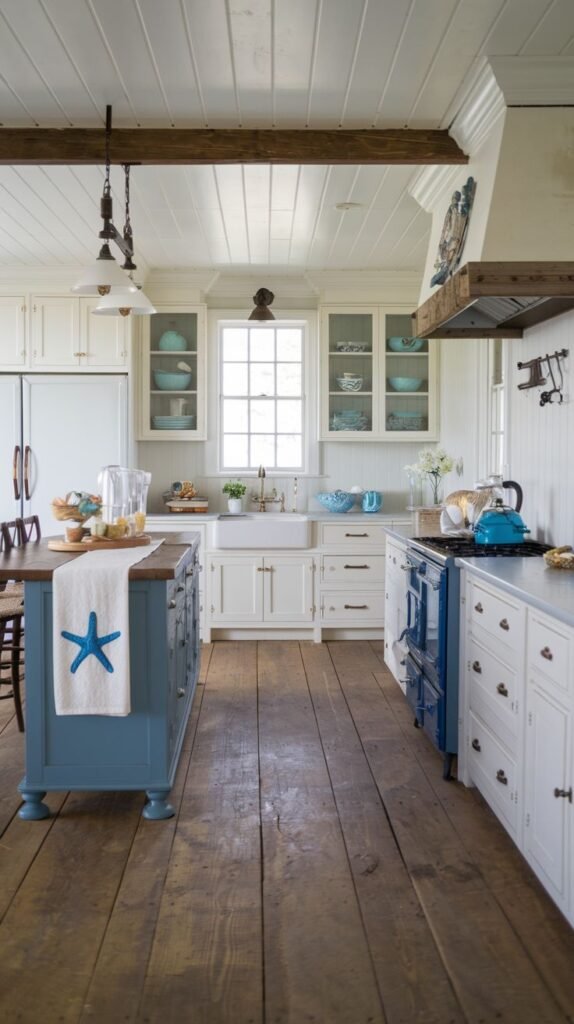 A rustic beach farmhouse interior with distressed dark wood floors and a white planked ceiling. White perimeter cabinets contrast sharply with a bold, marine blue central island and a matching blue traditional range cooker. A white towel embroidered with a blue starfish hangs from the island.