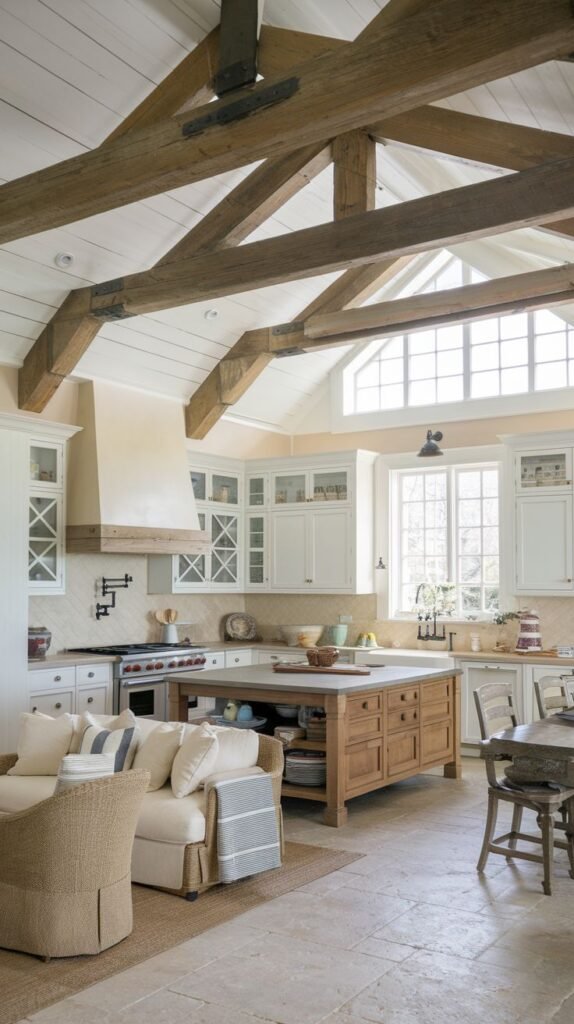 An expansive kitchen beneath a dramatic vaulted ceiling supported by massive, exposed A-frame wood trusses. The floor is covered in large, light stone tiles. White perimeter cabinets frame a large, natural wood island with many drawers, serving as a functional divider to an adjacent sitting area.