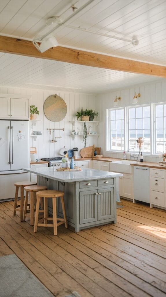 A very light, airy coastal kitchen using white shiplap paneling on all walls and the ceiling. The floor is made of wide, worn wood planks. A muted gray central island is topped with marble, flanked by simple natural wood bar stools.
