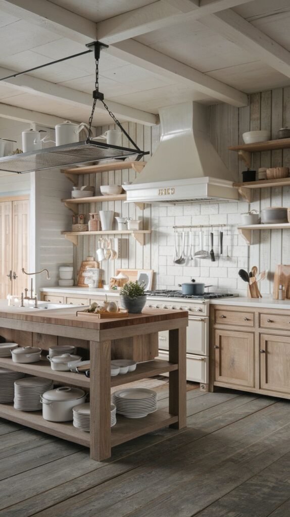 A rustic coastal kitchen featuring distressed gray-toned wood plank flooring and exposed ceiling beams. The walls are covered in white vertical planking and white subway tile. Abundant open wood shelving displays white dishware. The sturdy, weathered wood island acts as a central storage unit with open shelves, and a black metal mesh pot rack hangs above.
