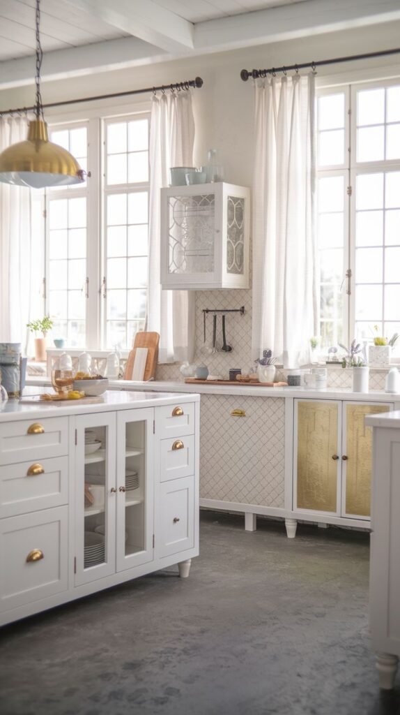 An elegant kitchen bathed in light from two tall, multi-paned windows draped with sheer white curtains. The white cabinetry includes unique touches, such as brass/gold pulls and lower cabinet doors featuring metallic gold panels set within a subtle patterned white backsplash area. A large gold industrial pendant light hangs centrally.