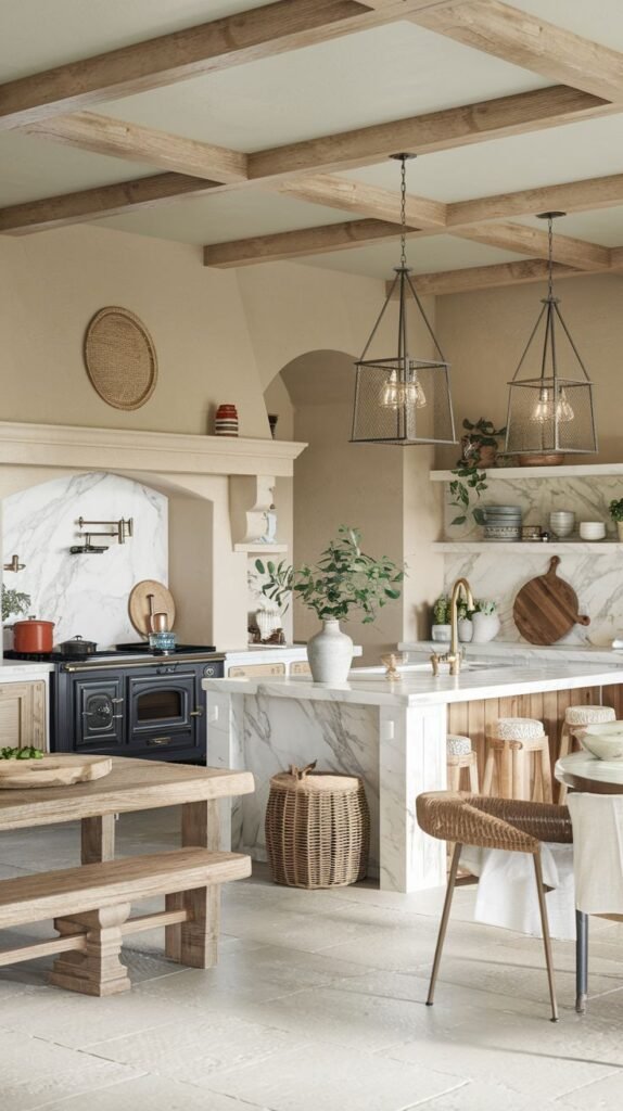 A warm, Mediterranean farmhouse space featuring textured tan walls and a wood-coffer ceiling. A sweeping arch frames a dark traditional stove set against a marble backsplash. The island features a white marble waterfall countertop, and the dining area includes rustic wooden benches.