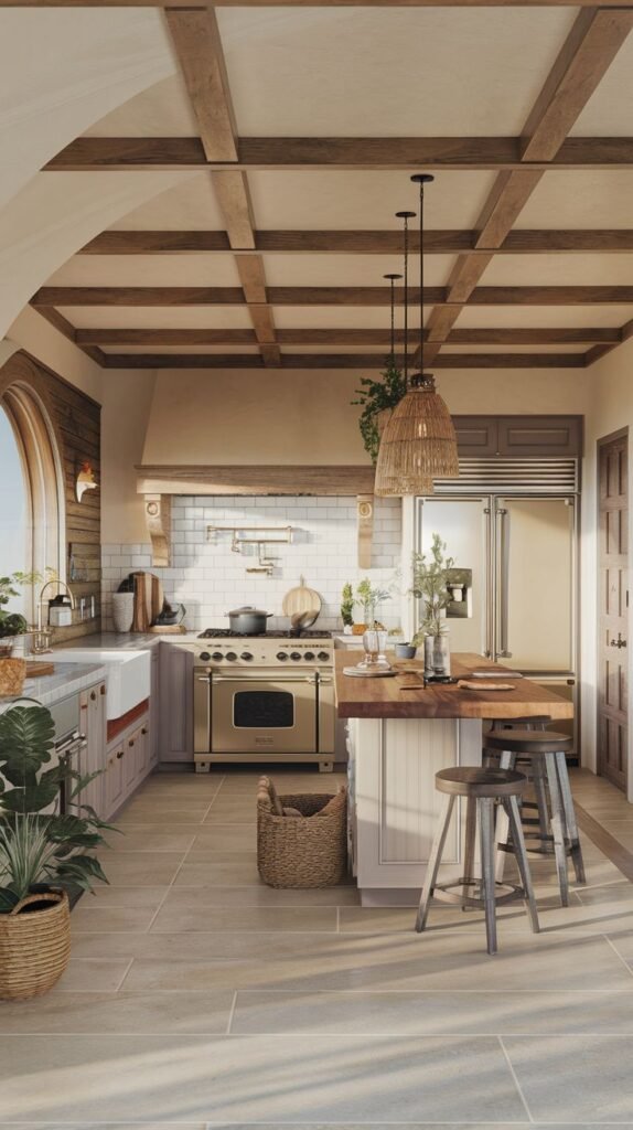A kitchen with a tropical feel, featuring light floor tiles and a coffer-beamed ceiling. The island is uniquely dual-toned, combining a white painted base with a natural wood butcher block countertop section and a marble section. A large, woven rattan pendant light hangs above the island.