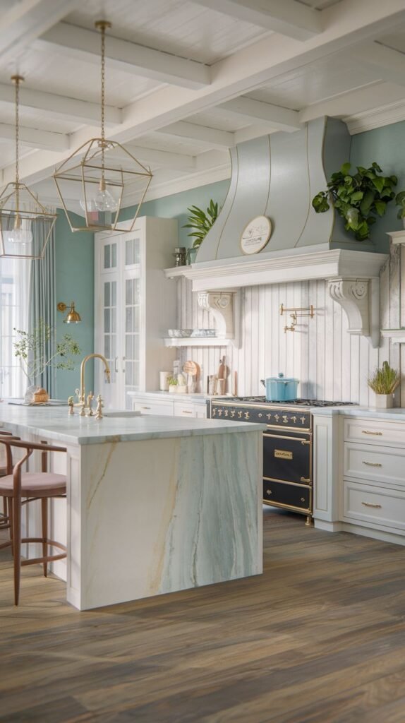 A sophisticated coastal kitchen featuring walls painted in a soft aqua or mint green hue. The center island makes a statement with a waterfall edge made of marble exhibiting dramatic green and gold veining. Overhead, geometric gold pendant lights are suspended.