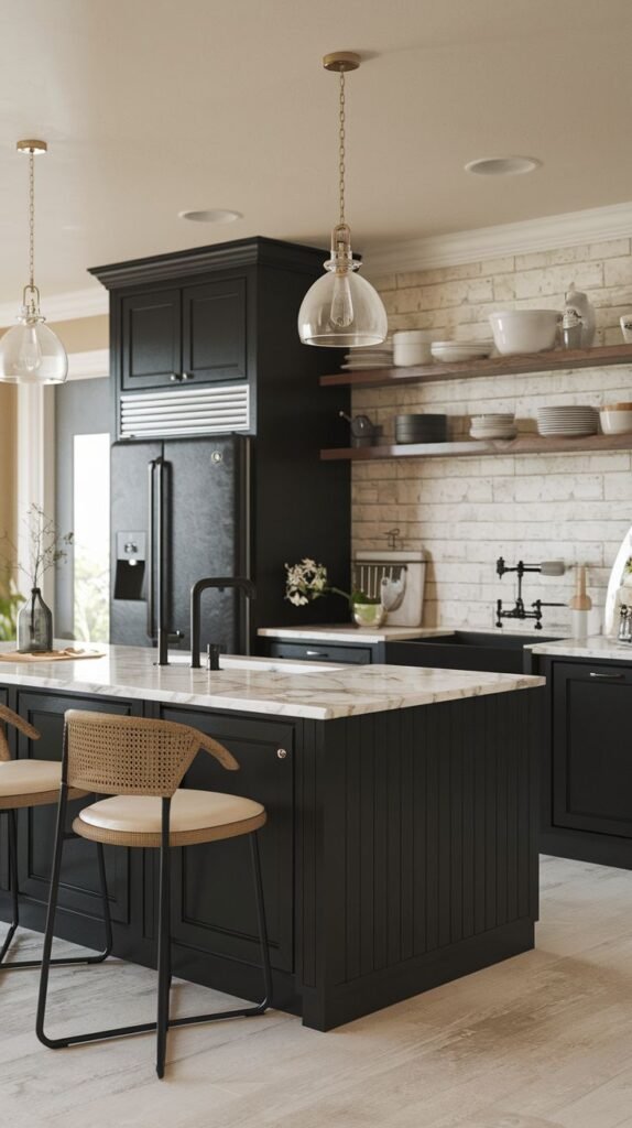 A high-contrast modern farmhouse kitchen utilizing black shaker-style cabinetry and a black island with vertical paneling. The backdrop is a rough, white exposed brick backsplash. The island features a white marble countertop and is accompanied by cane-backed bar stools.