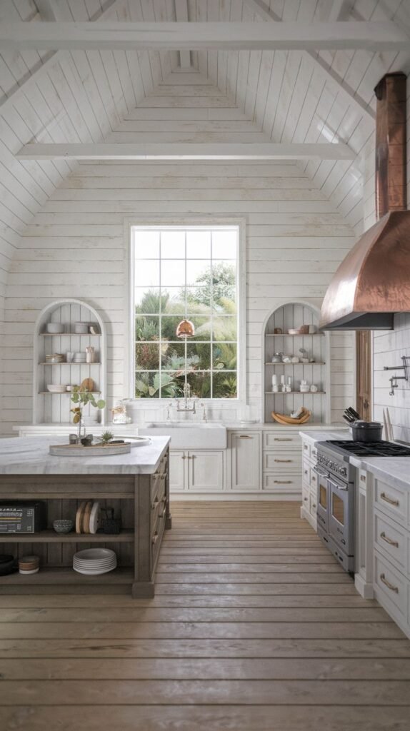 An extremely bright, tall kitchen defined by a high vaulted ceiling clad entirely in white shiplap paneling. The rustic wood floor is visible. A spectacular, tall conical range hood is finished in shimmering copper. The design includes arched built-in open shelving areas on either side of a large window.