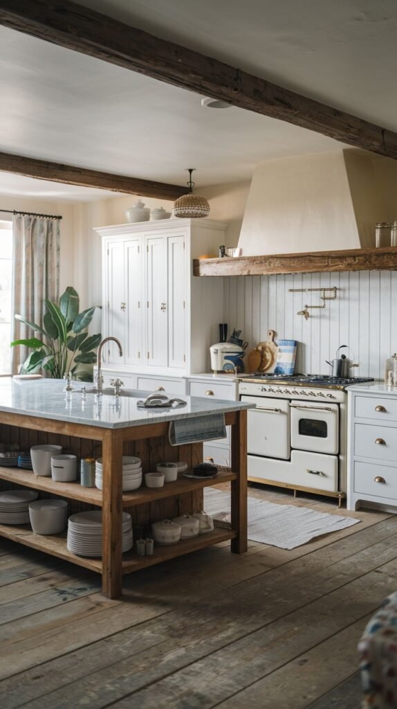 A cozy, classic farmhouse kitchen with wide, dark, distressed wood plank floors and dark exposed ceiling beams. White perimeter cabinets frame a robust, rustic natural wood island featuring open shelving and a light marble countertop.