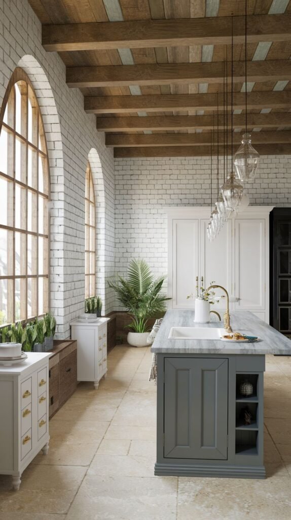 A loft-style coastal kitchen featuring large, tall arched windows and white-painted exposed brick walls. The ceiling is detailed with multiple rustic wood slats. The central island is painted a deep gray/blue tone and is illuminated by a row of several clear glass bottle pendants.