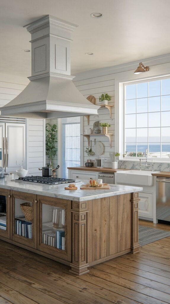 A light-filled coastal kitchen featuring white shiplap paneling on the walls and a large window overlooking the ocean. The focal point is a traditional, decorative white island range hood. The natural wood island has a marble top and showcases built-in storage with glass-fronted doors.