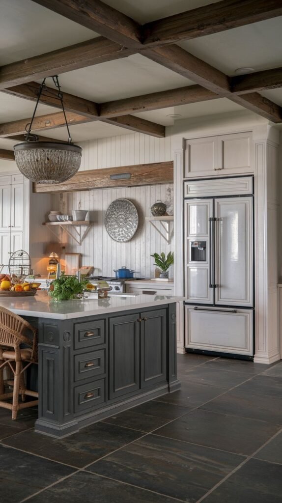 A farmhouse kitchen anchored by large, dark slate square floor tiles. Dark wood coffer beams contrast with the white planked backsplash. The island is painted deep charcoal gray with a white marble top, illuminated by a large, ornate beaded or crystal chandelier.