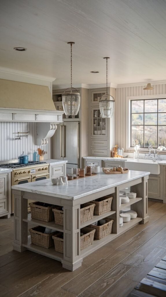 A light-toned kitchen with a large island topped with white marble. The island features built-in storage shelves designed specifically to hold eight large, woven storage baskets beneath the counter. The room features vertical wood paneling on the walls, a farmhouse sink, and two glass lantern pendant lights.