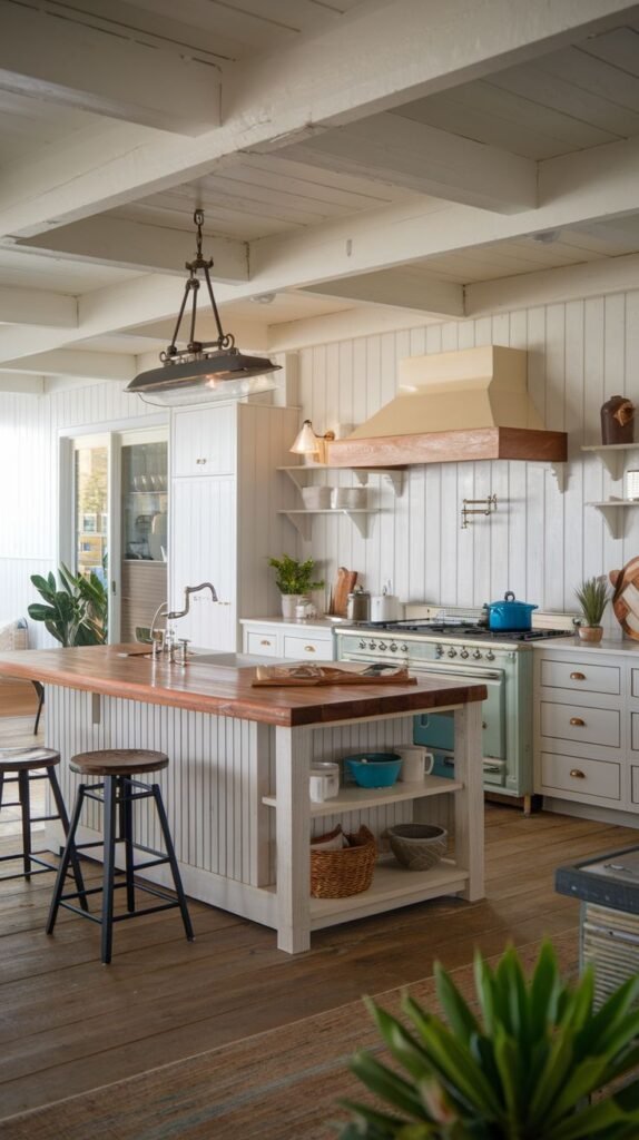 A bright, white farmhouse kitchen utilizing white planked walls and ceiling. The central element is a soft, pale mint green or aqua traditional range cooker, providing a playful pastel accent. The island features a warm wood butcher block countertop and open shelving.