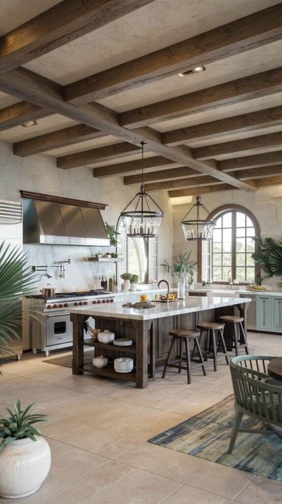 A luxurious Mediterranean-style farmhouse kitchen featuring rough, textured light walls and ceiling crossed by heavy, dark exposed wood beams. The large kitchen island has a dark wood base with open shelving and a polished white marble countertop. A stainless steel range and matching professional hood are visible, and the space is illuminated by two wrought-iron chandelier pendants and a tall arched window.
