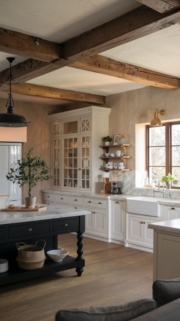 A farmhouse kitchen defined by dark, rough-hewn exposed ceiling beams and warm, textured tan walls. White perimeter cabinetry includes a tall, glass-fronted hutch. In stark contrast, the kitchen island is painted black with chunky, turned wooden legs and a dark marble countertop.