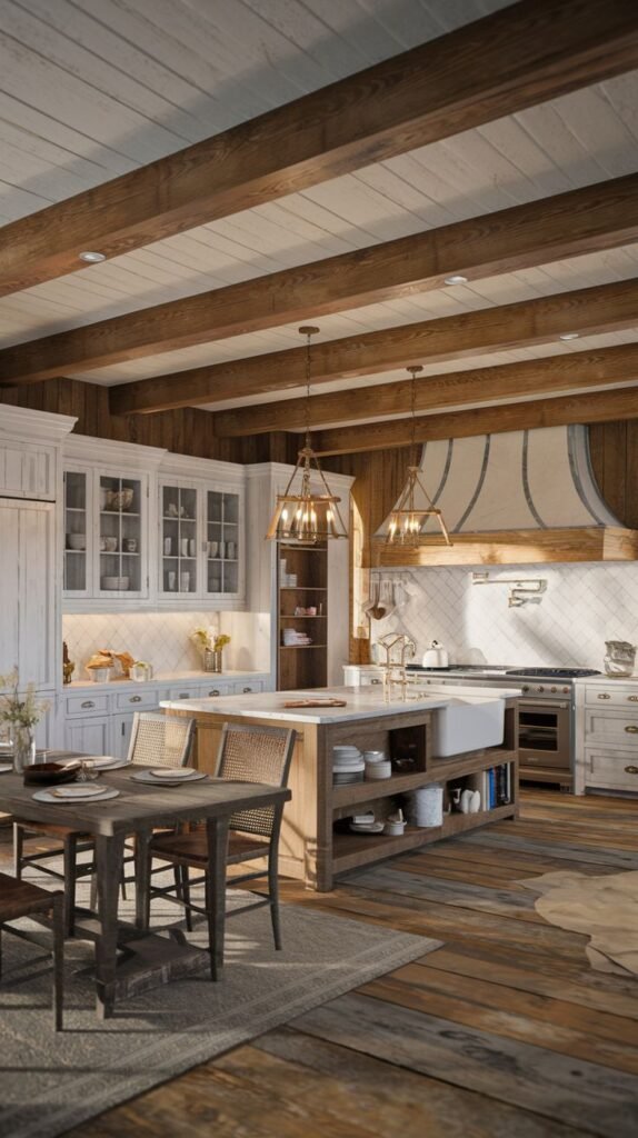 A dark and moody rustic kitchen space with heavily distressed, wide-plank wood floors and thick, dark exposed ceiling beams. The kitchen features white distressed cabinetry and a white tiled backsplash. The centerpiece is a natural wood island with open shelving and a white farmhouse sink.