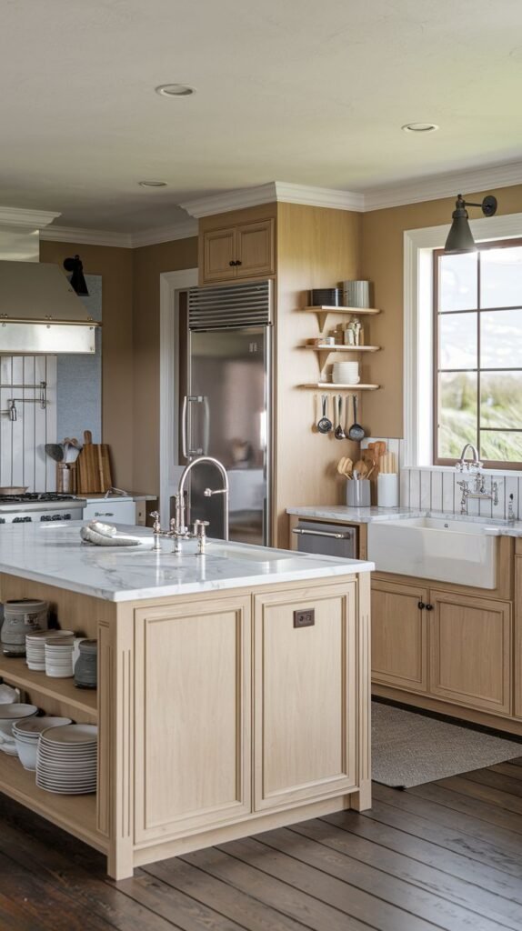 A warm, contemporary farmhouse kitchen utilizing natural, light oak wood for all cabinetry, set against soft tan walls. The streamlined island features light wood paneling, open shelving displaying plates, and a white marble countertop with modern fixtures. A large, stainless steel refrigerator is integrated into the tall cabinetry.