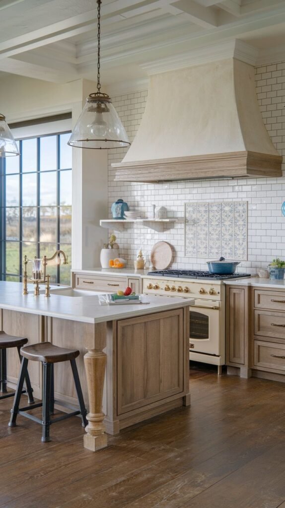 An elegant kitchen featuring light, natural wood base cabinets and a traditional white subway tile backsplash. The focal point is a large range hood finished in creamy, textured plaster, accentuated by a square inset of patterned blue and white tile behind the stove. The island features thick, decorative turned wood legs.