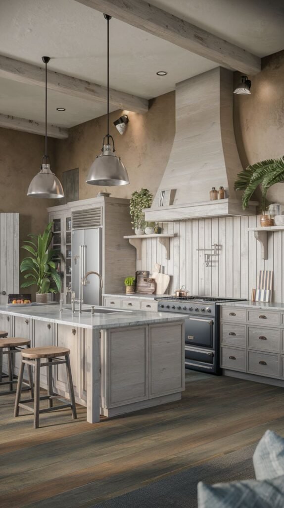 A kitchen with a heavy coastal patina, featuring gray-washed wood cabinetry and island. The walls are textured tan, and the backsplash is white vertical paneling. Two large, industrial metal dome pendant lights hang over the marble island, and the floor is composed of multi-toned, distressed wood planks.