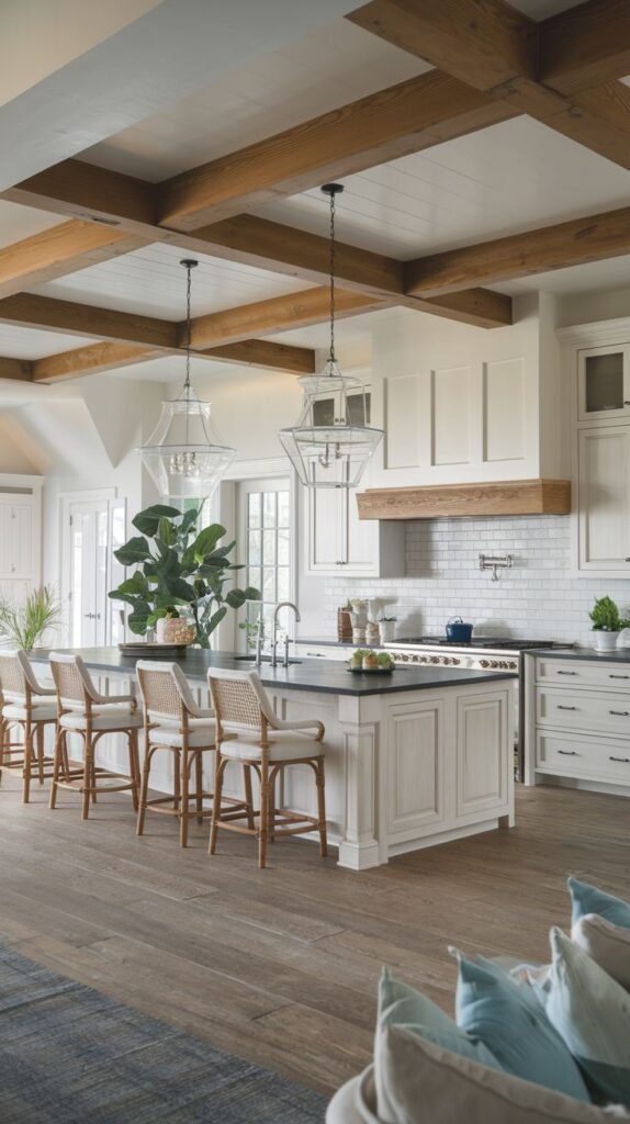 A wide, bright kitchen featuring white perimeter cabinetry and ceiling, contrasted by rich, exposed wooden ceiling beams. The large white island has a dark countertop and is accompanied by four woven rattan bar stools with light seat cushions.