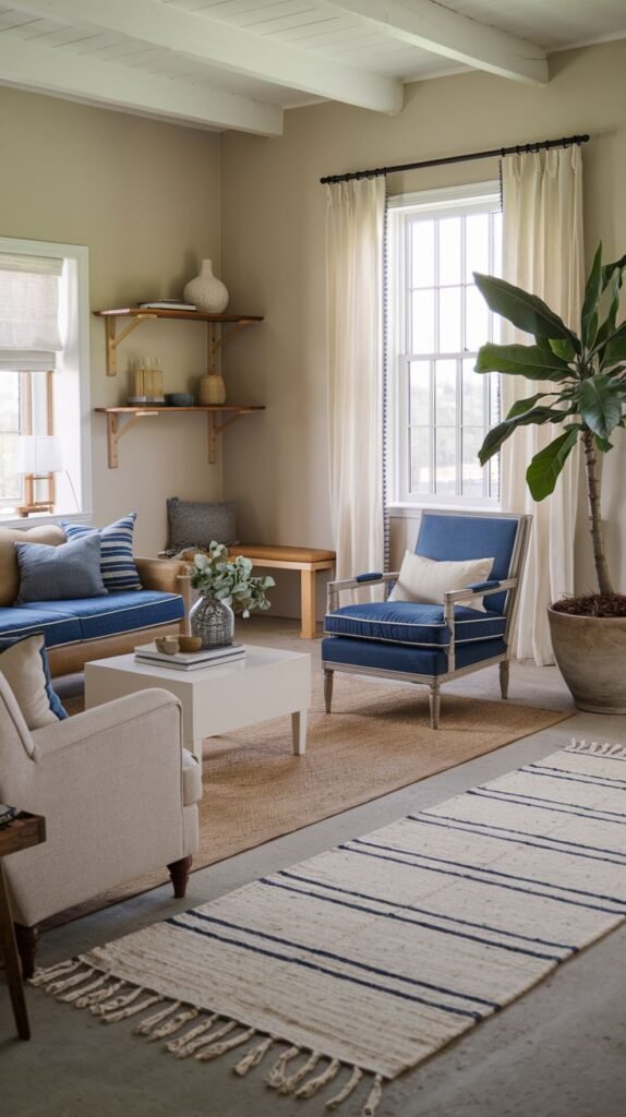 Beachy Farmhouse Living Room with neutral walls and white exposed beams, highlighted by a deep blue upholstered armchair, a wood bench with blue cushions, and a long striped blue and white runner rug layered over a jute mat.