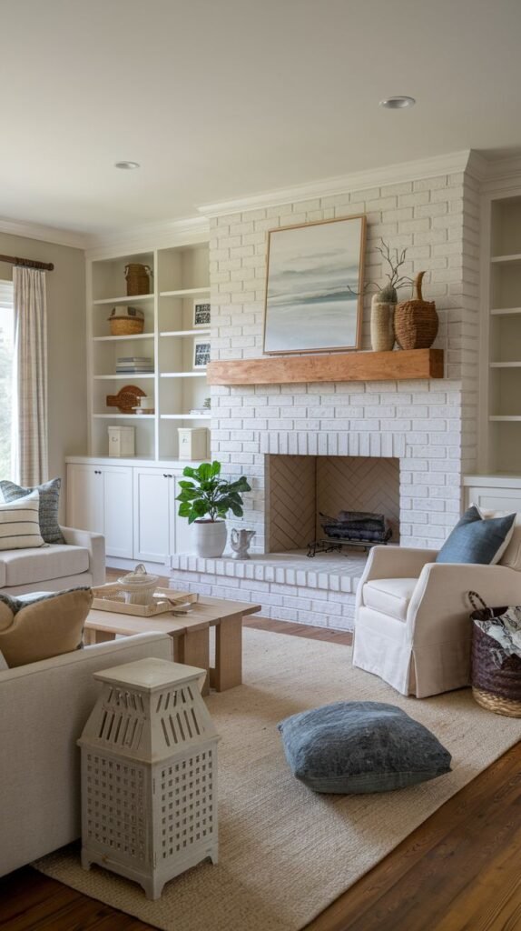 Beachy Farmhouse Living Room centered around a white painted brick fireplace with a rustic wood mantel, flanked by built-in white shelving, and featuring a large white wooden lantern accent piece.
