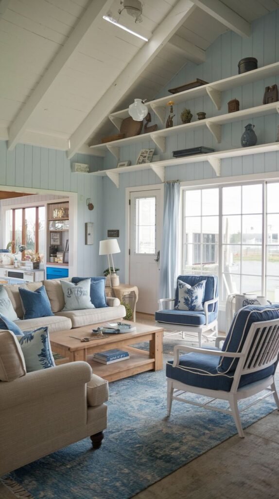 Beachy Farmhouse Living Room boasting pale robin's egg blue shiplap walls and a vaulted white beam ceiling, with large white shelves supported by corbels and seating accented with nautical blue pillows.