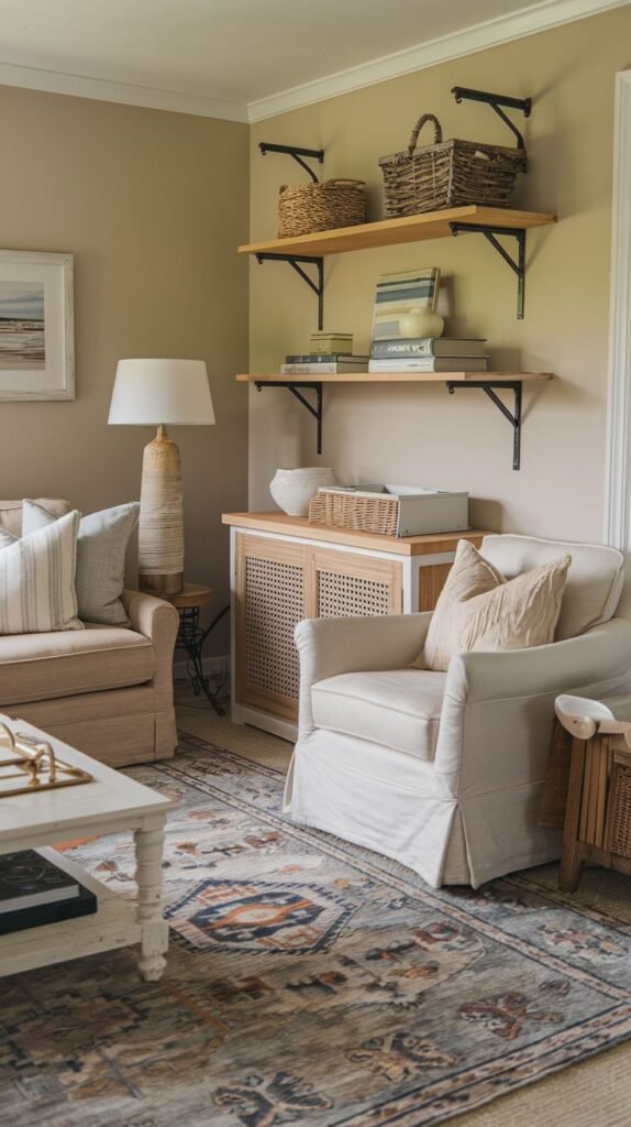 Beachy Farmhouse Living Room with warm tan walls, layered rugs, and rustic wood floating shelves supported by dark metal brackets above a cane-front cabinet, next to a white slipcovered armchair.