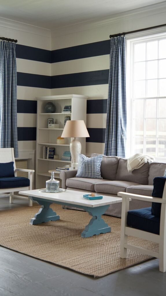 Beachy Farmhouse Living Room making a statement with wide horizontal navy and white striped walls, gingham checked curtains, and a white coffee table with a distressed light blue trestle base.