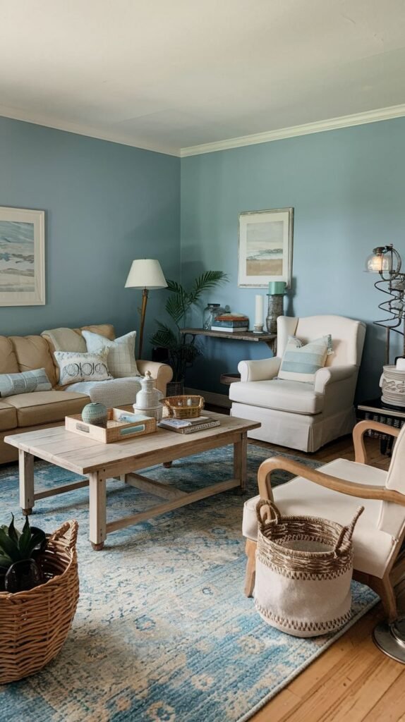 Beachy Farmhouse Living Room featuring dusty blue walls, a distressed wood coffee table, a blue and cream patterned area rug, light tan seating, and large woven storage baskets.