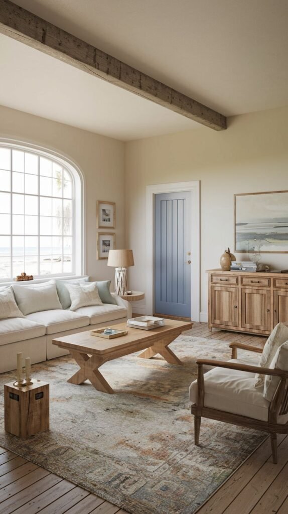 Beachy Farmhouse Living Room with a view of the ocean through a large arched window, a single raw exposed wood ceiling beam, a white linen sofa, a wood coffee table with a cross-leg base, and a vertical paneled blue interior door.