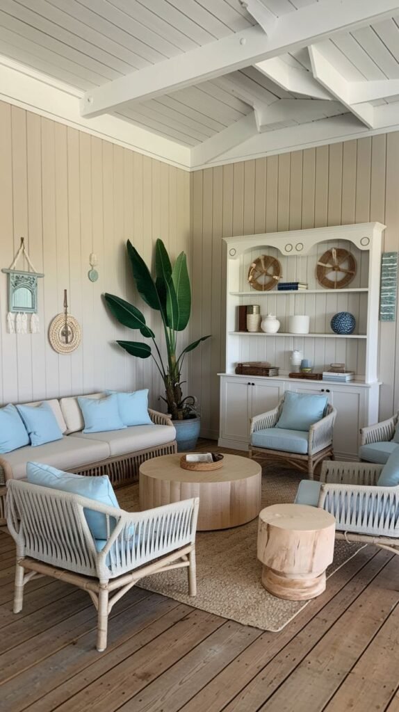 Beachy Farmhouse Living Room (possibly a covered porch) featuring vertical plank walls, white exposed ceiling structure, light rattan seating with pale blue cushions, and a large white hutch.