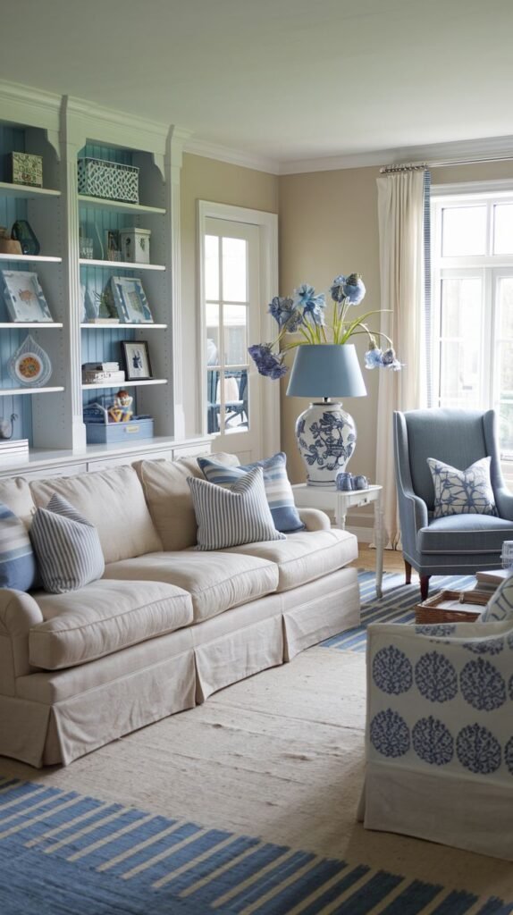 Beachy Farmhouse Living Room featuring built-in white bookcases with a bright contrasting blue interior backing, a neutral sofa, and coastal blue/white patterned textiles and a large blue and white ceramic lamp.