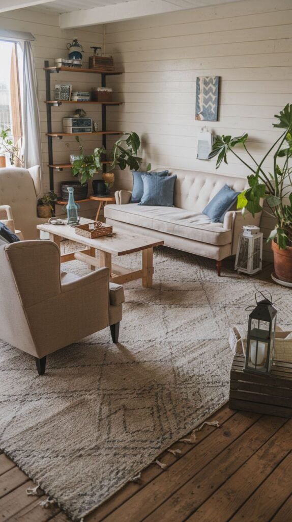 Beachy Farmhouse Living Room in an industrial cottage style, featuring horizontal plank walls, dark wood floors, a tufted neutral sofa, a light wood coffee table, and tall black metal and wood shelving.