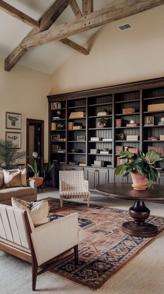 Beachy Farmhouse Living Room on a grand scale, featuring high vaulted ceilings with exposed wood beams, a massive built-in bookcase in dark wood, and a large patterned rug anchoring the conversation area.