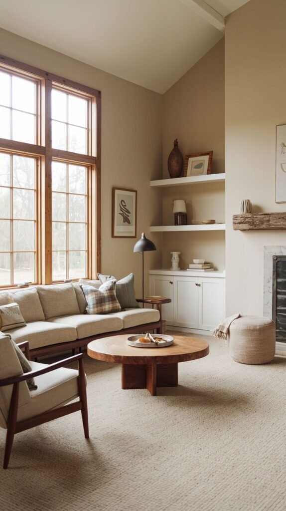Beachy Farmhouse Living Room displaying a dramatic vaulted ceiling, a soaring wood-framed window, a large round pedestal coffee table, a neutral textured sofa, and a rustic wood mantel over a fireplace.