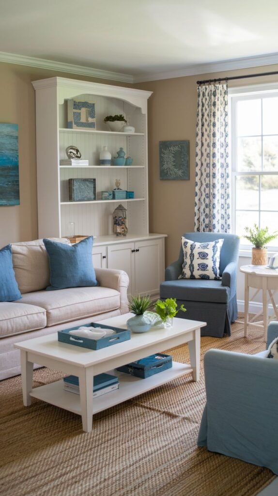 Beachy Farmhouse Living Room featuring a large white hutch bookcase displaying blue and white ceramics, a neutral sofa, a white coffee table, and a strong coastal color palette against tan walls.