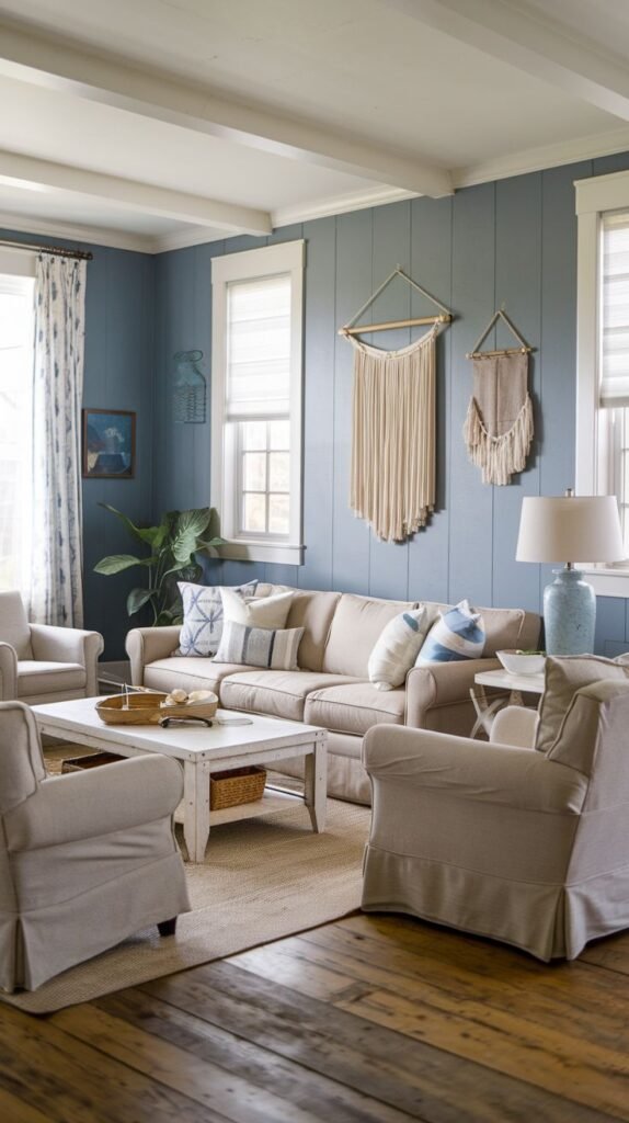 Beachy Farmhouse Living Room featuring striking slate blue shiplap walls, a tan sofa flanked by slipcovered armchairs, and two large creamy macrame wall hangings as primary decor.