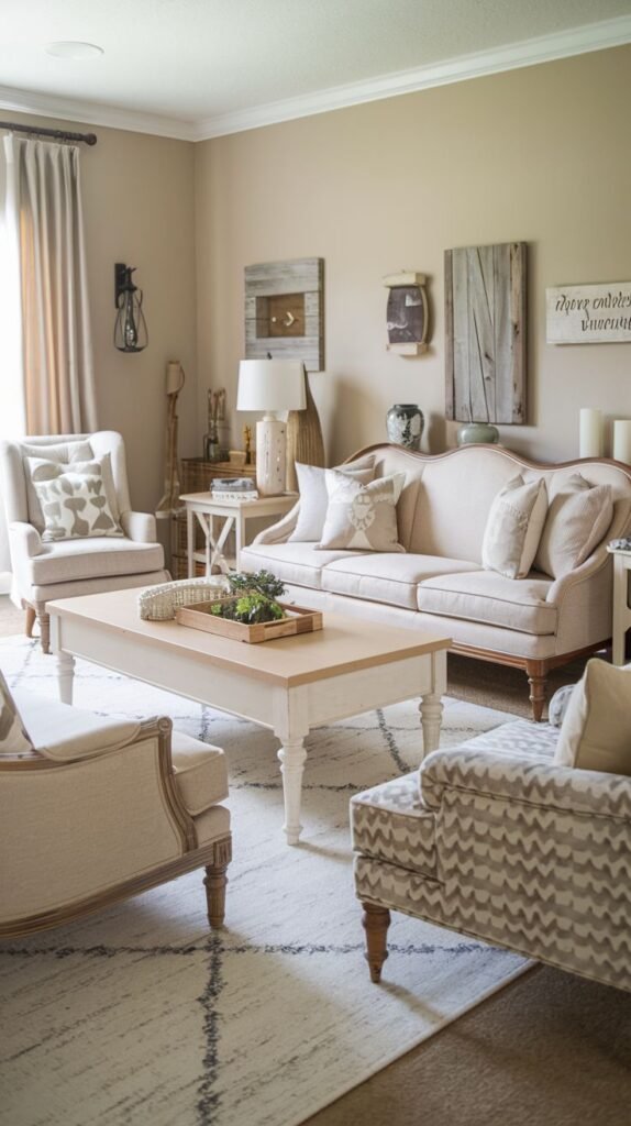 Beachy Farmhouse Living Room featuring neutral, tailored seating around a light wood-topped coffee table with white legs, set against tan walls displaying rustic reclaimed wood planks as artwork.