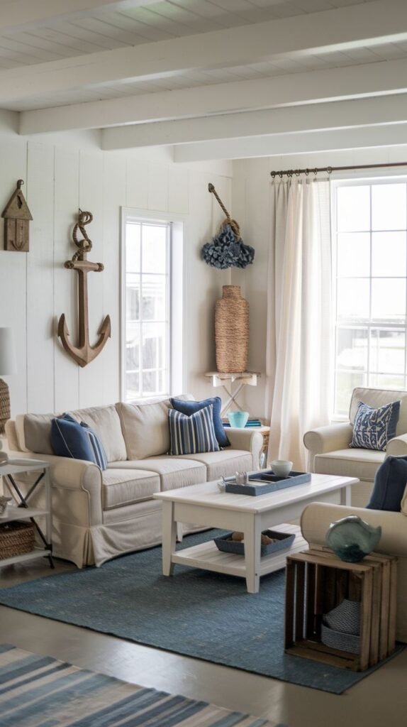 Beachy Farmhouse Living Room with white vertical wall paneling, featuring a large wooden anchor wall decoration, a neutral slipcovered sofa, and a vibrant blue area rug with white stripes.