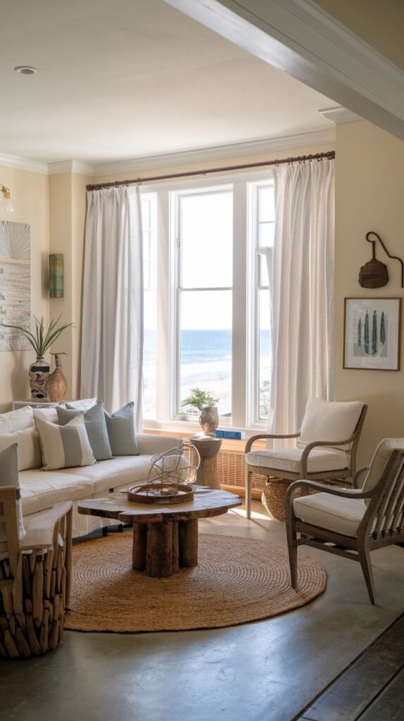Beachy Farmhouse Living Room overlooking the ocean, centered on a round jute rug and a unique coffee table made from raw, natural wood chunks (live-edge style), with rattan/wicker accent chairs.