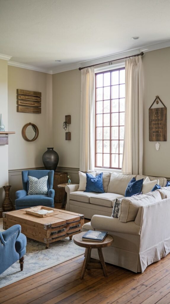 Beachy Farmhouse Living Room featuring a large, rustic reclaimed wood trunk coffee table with metal hardware, framed by neutral seating and an oversized grid window.