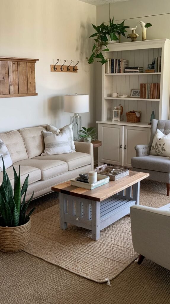 Beachy Farmhouse Living Room with pale sage green walls, featuring a white hutch bookcase, a jute rug, a tan sofa, and a coffee table with a natural wood top and a slatted light blue base.