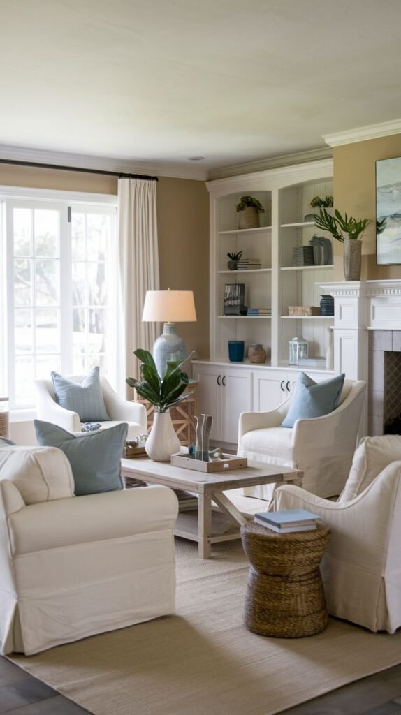 Beachy Farmhouse Living Room arranged symmetrically with four white slipcovered armchairs around a light coffee table, framed by white built-in shelving, emphasizing soft blue accents.
