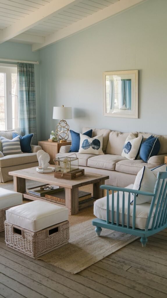 Beachy Farmhouse Living Room with soft pale blue walls and a planked ceiling, featuring a beige sofa accented with dark blue pillows including seashell/nautical motifs, and a light blue slatted accent chair.