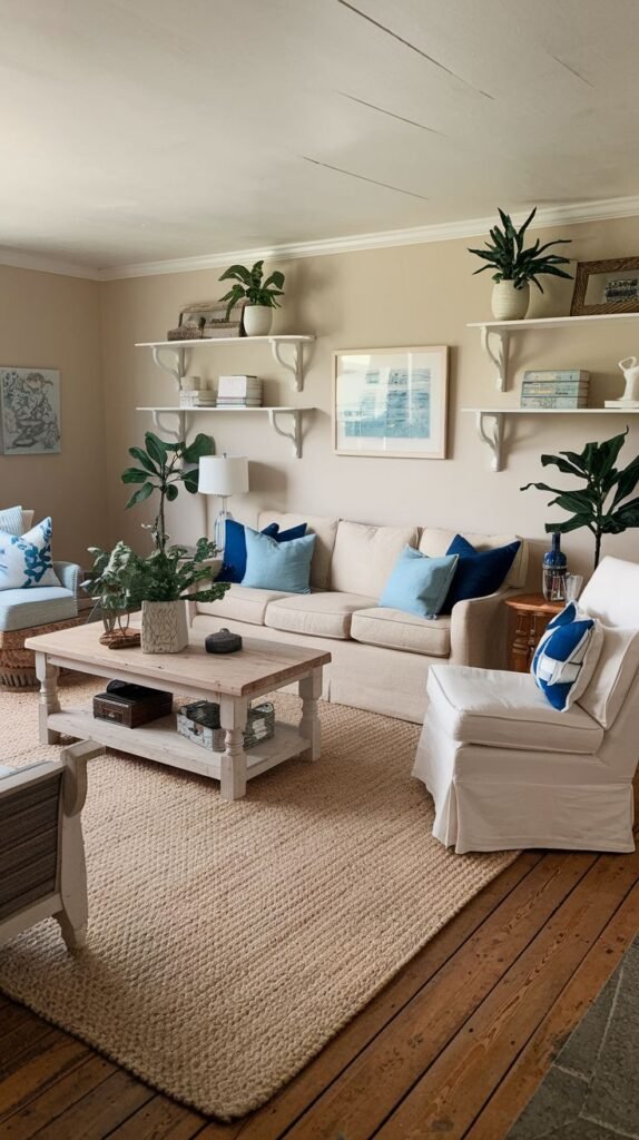 Beachy Farmhouse Living Room featuring white floating shelves supported by corbels above a neutral sofa, styled with numerous plants and subtle blue artwork, anchored by a light braided jute rug.