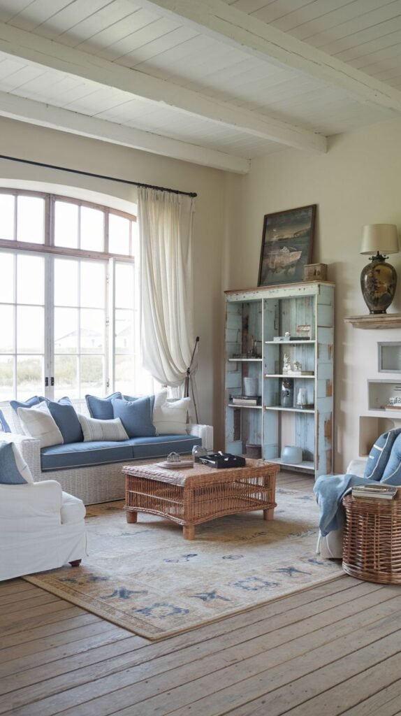 Beachy Farmhouse Living Room featuring white slipcovered seating, a woven rattan coffee table, wide plank wood floors, and a distressed, light blue (shabby chic) open cabinet against a light wall.