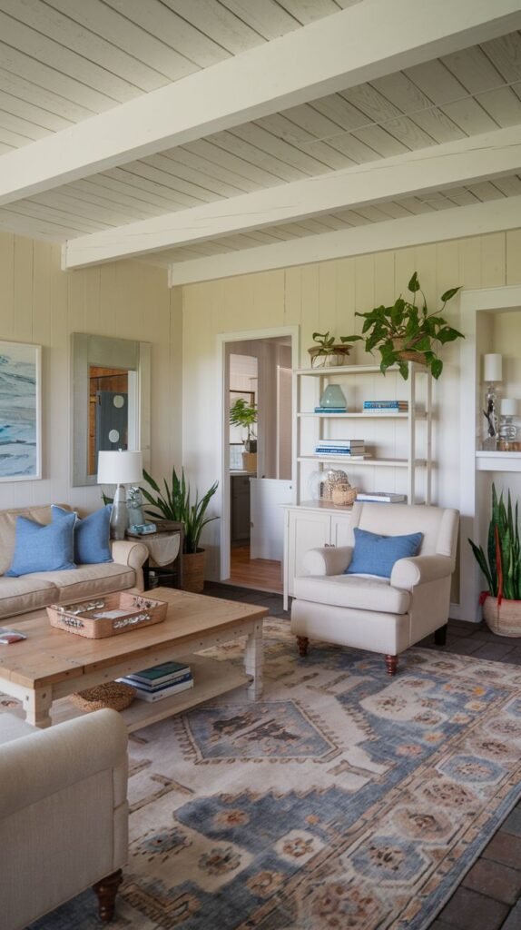 Beachy Farmhouse Living Room featuring pale yellow walls, a planked ceiling with white beams, neutral seating, and a large area rug with complex blue, beige, and rust-toned traditional patterns.
